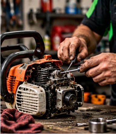 Small petrol engine being worked on at a workshop bench.