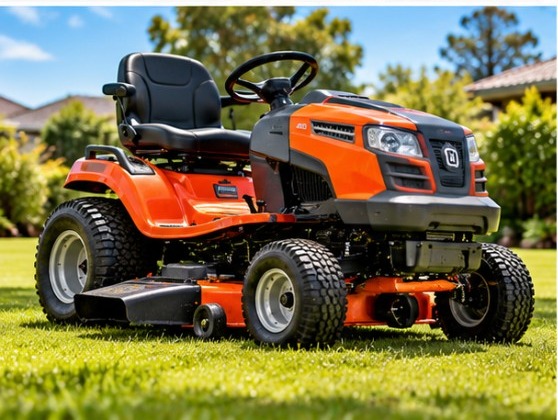 Ride-on mower parked on a lawn in an outdoor setting.