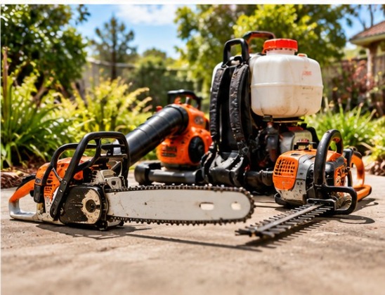 Chainsaw, line trimmer and blower arranged with other outdoor power equipment.