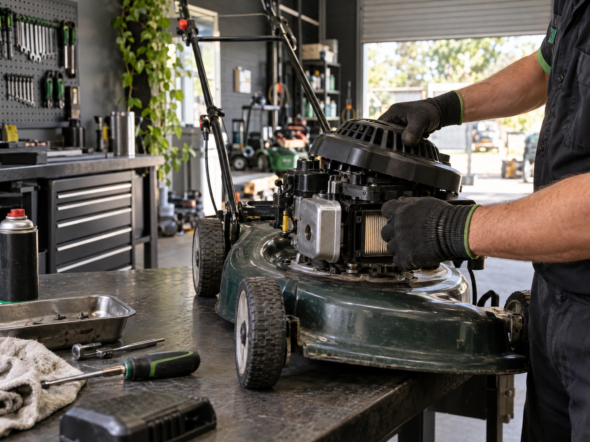 Mower engine being inspected in a repair workshop
